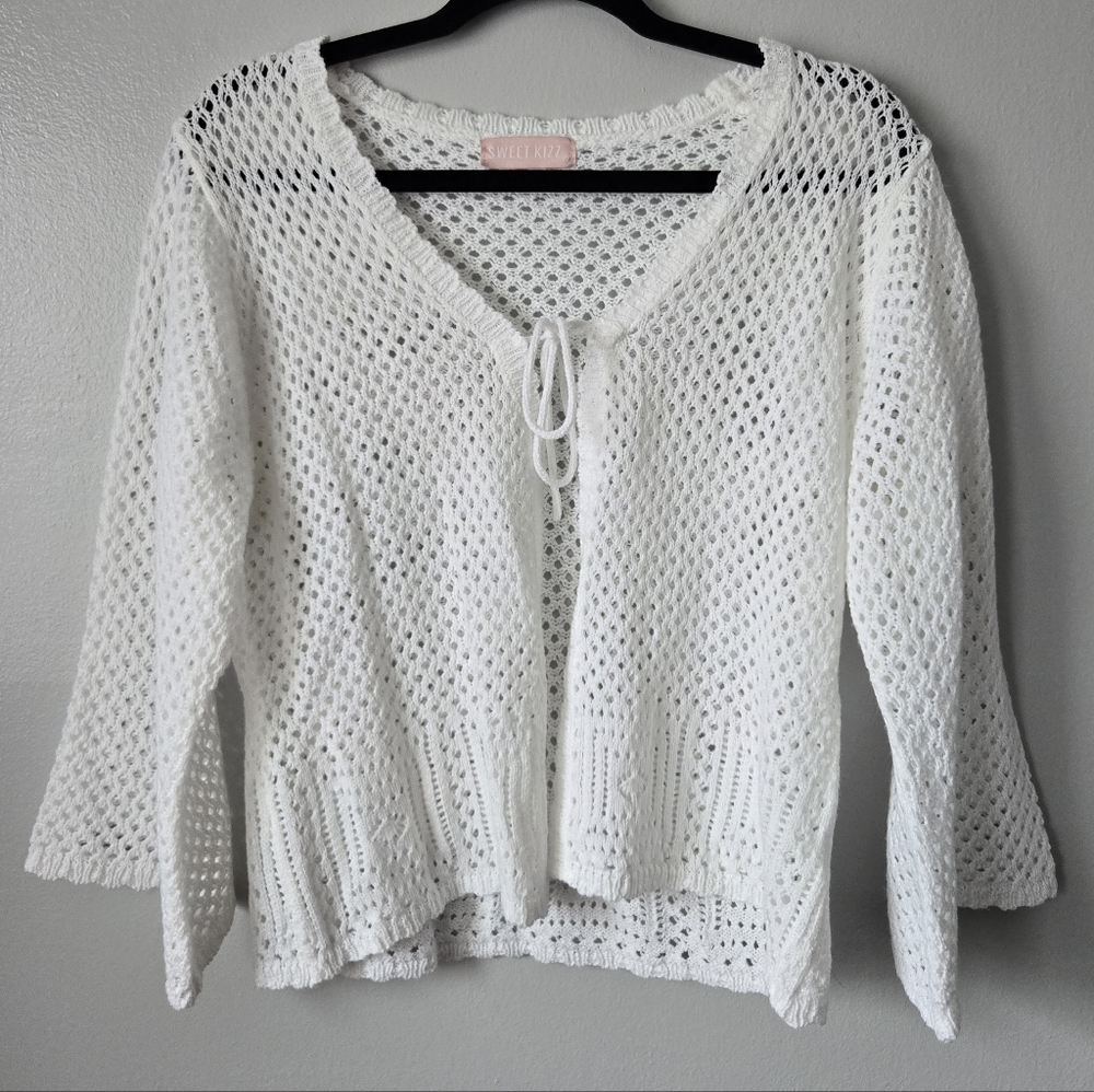 Sweet Kizz White Tie Front Cardigan Boho Crochet Style Summer Vacation Size 2X